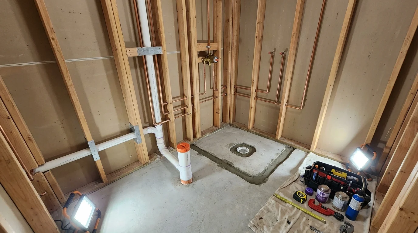 Bathroom rough-in plumbing during remodel by Johns Plumbing LLC in New Albany