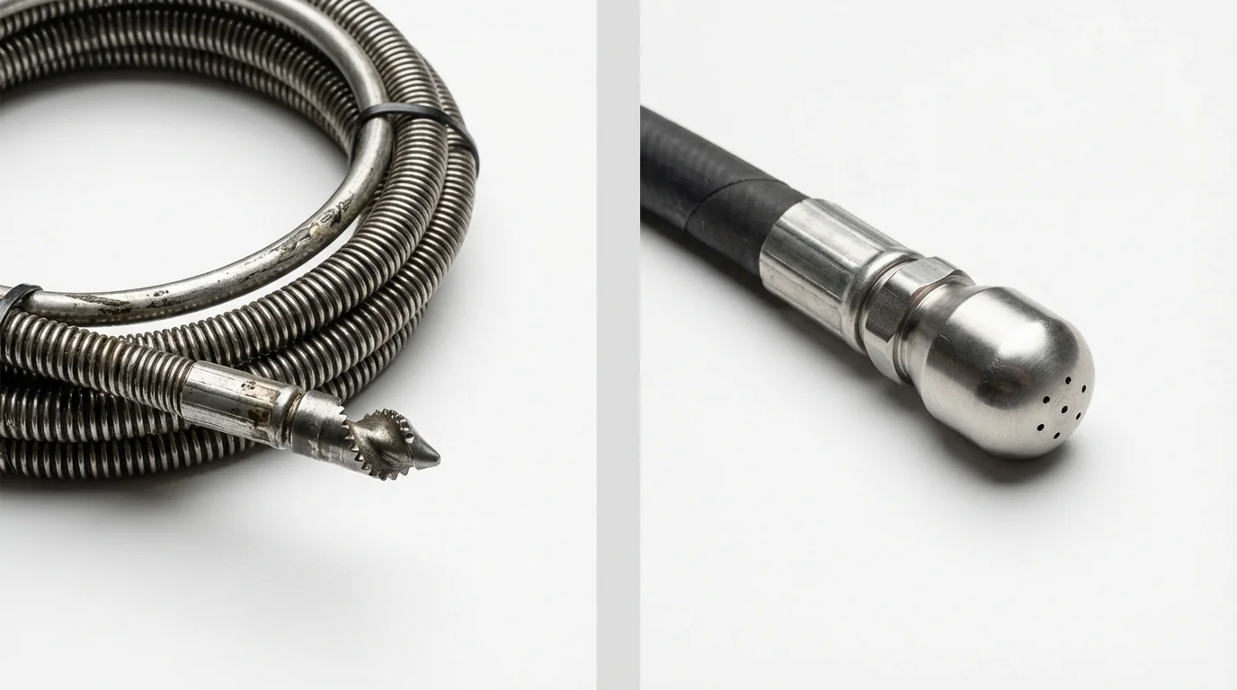Drain snake cable and hydro jetting nozzle used for drain cleaning in New Albany, IN