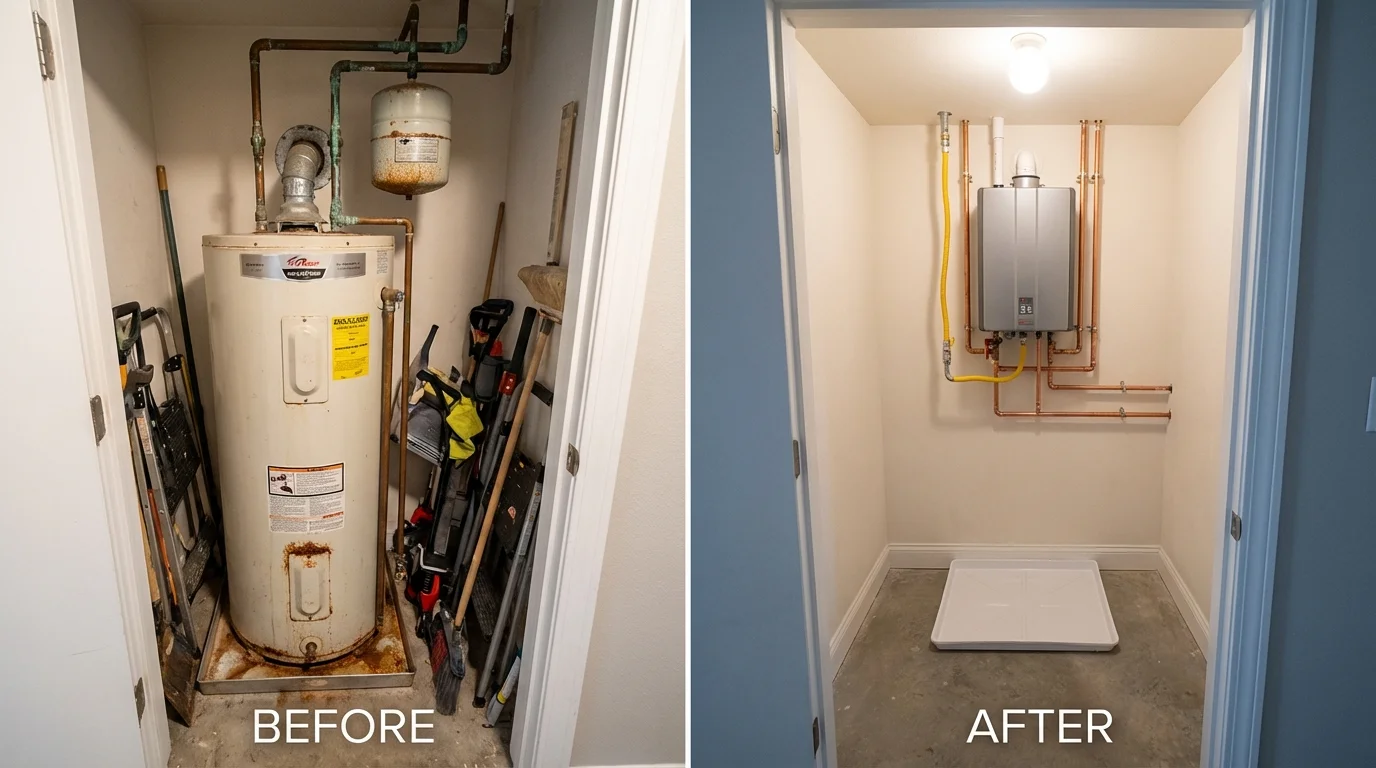 Tank water heater versus wall-mounted tankless unit comparison for New Albany, IN homeowners