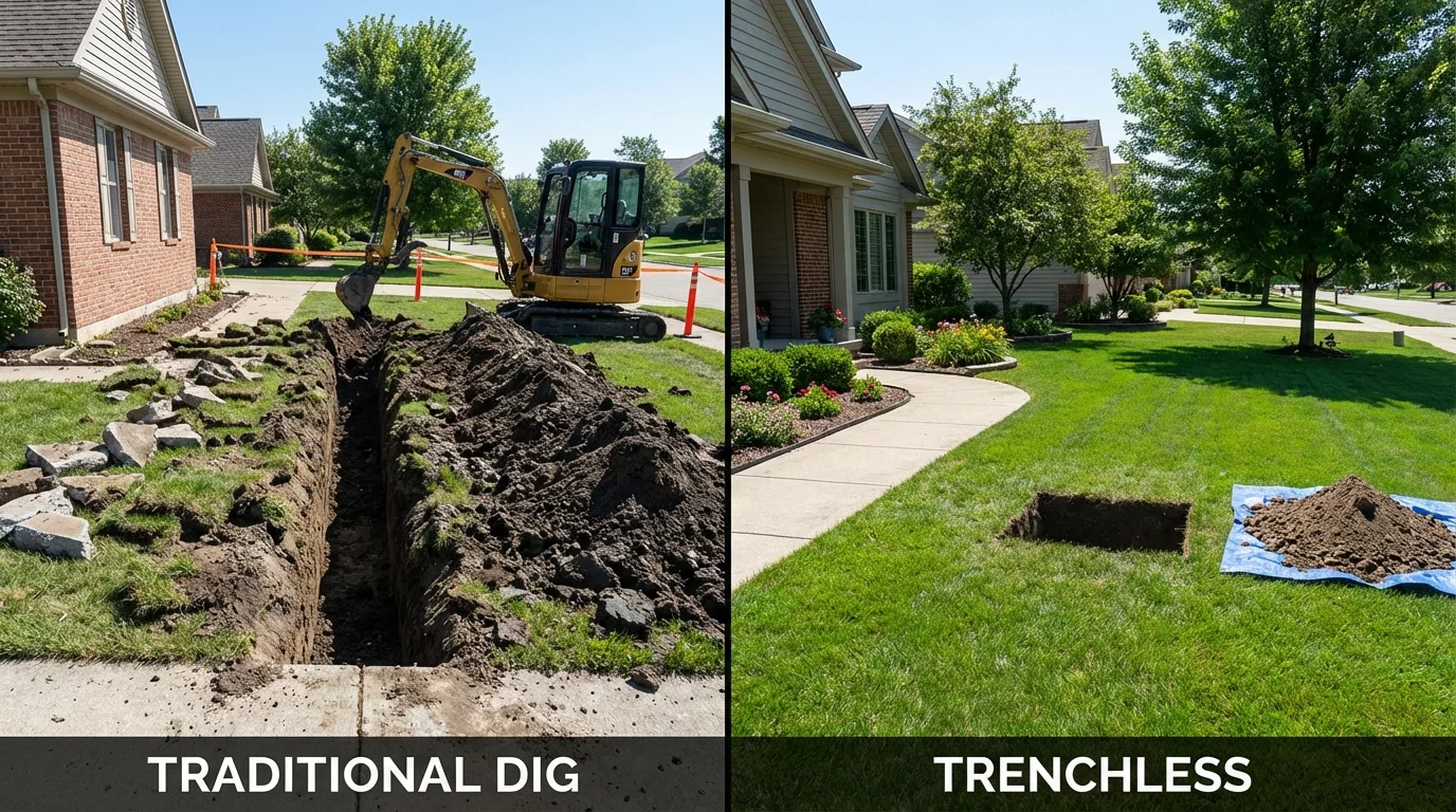 Trenchless sewer repair with minimal yard damage versus traditional excavation in New Albany, IN