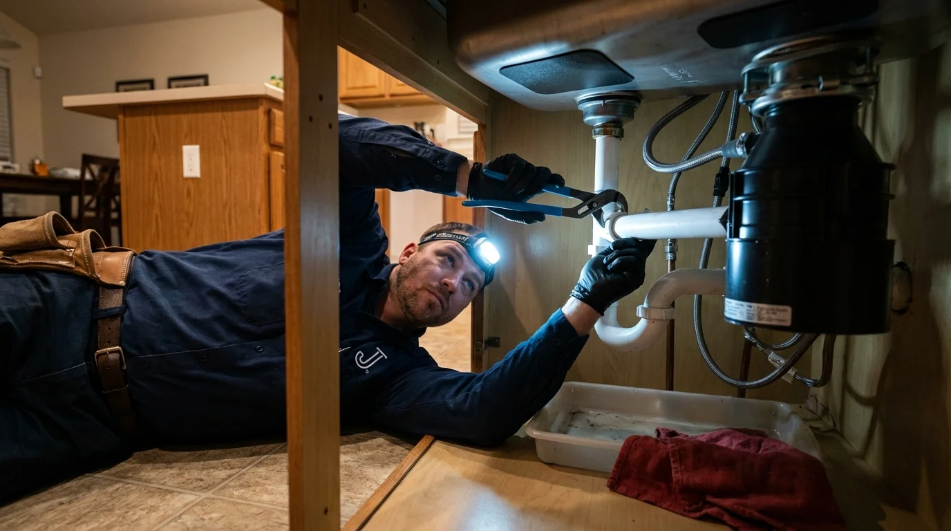P-trap and supply line connections under a kitchen sink showing a common leak point in New Albany, IN